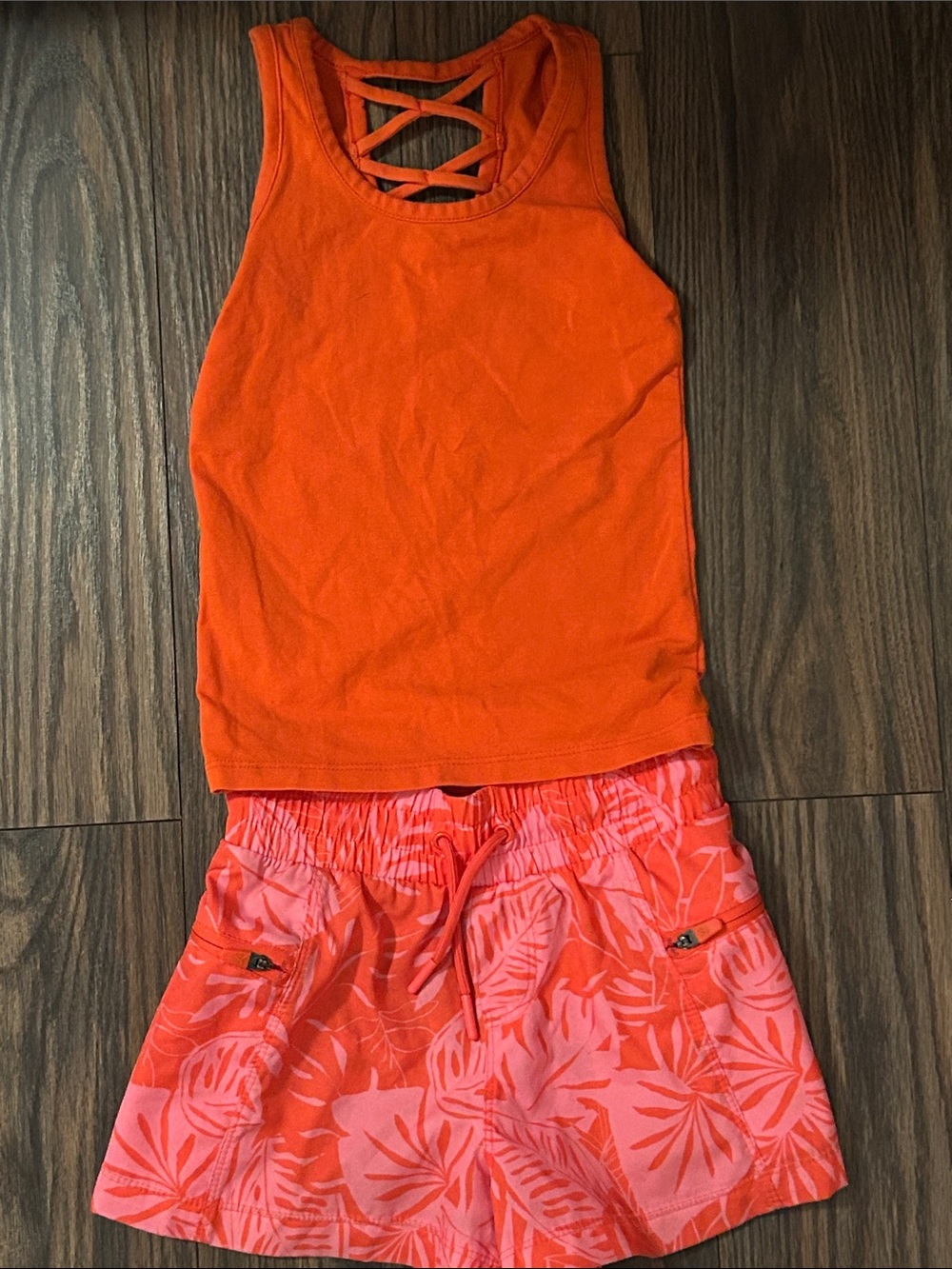 Girls Orange Tank Top & Tropical Print Short Set